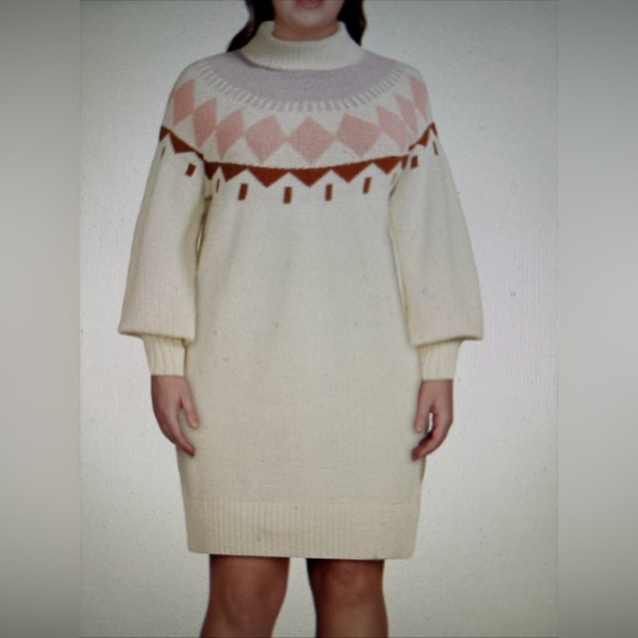 Free Assembly | Egret Ivory Fair Isle Sweater‎ Mini Dress Women L Winter Cozy - Picture 9 of 11